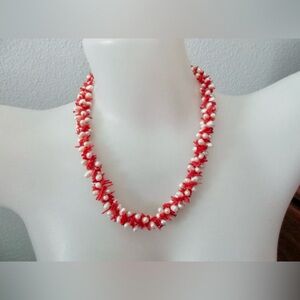 HAWAIIAN (Lahaina) - Natural Red Coral/Fresh Water Pearl Bead Twist Necklace